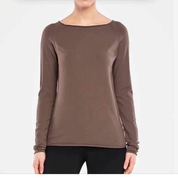 Sarah Pacini Long Sleeve top Semi-Sheer Boat neckline Taupe brown Minimalist S - Picture 1 of 8